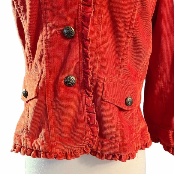 SANDRO Corduroy Jacket Blazer Cotton Red Collar Long Sleeve Ruffle Trim Small - Picture 3 of 9